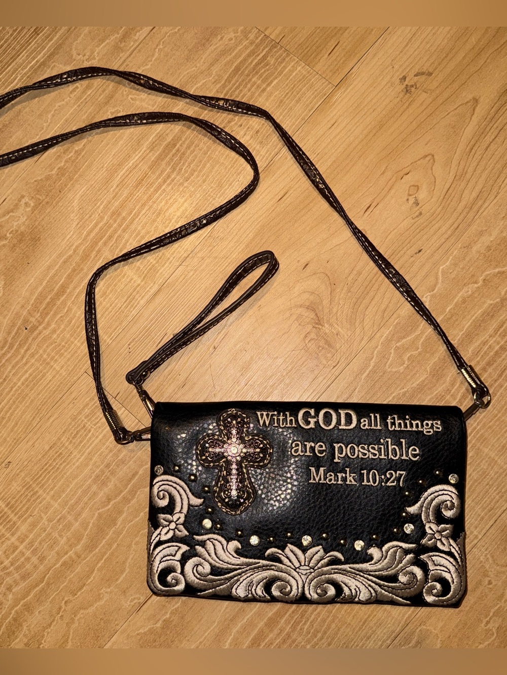 Mark 10:27 Embellished Cross Black Crossbody Bag